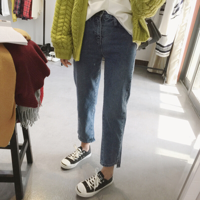 春装女装韩版宽松复古显瘦不规则直筒裤百搭九分裤学生浅色牛仔裤图片色
