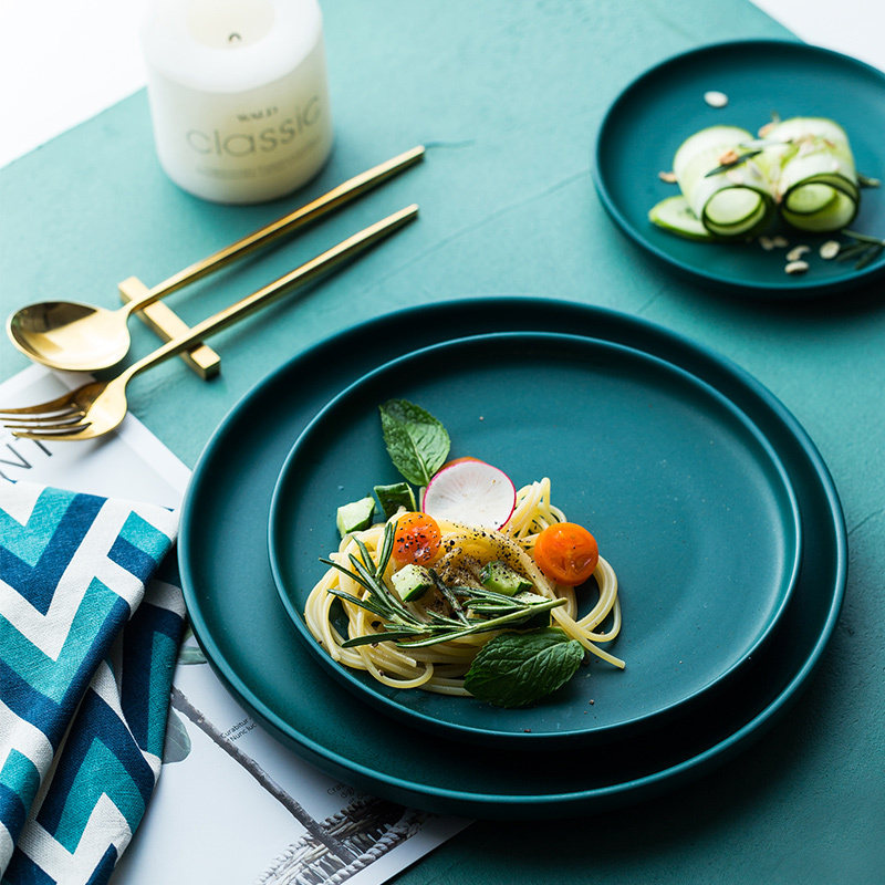 西餐盘托盘牛排盘子黑色餐具早餐盘圆平盘 8寸西餐盘-哑光墨绿