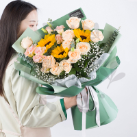 鼎卉鲜花速递 向日葵玫瑰混搭花束 毕业季 送老师闺蜜朋友生日鲜花【入目皆是你】3朵向日葵+11朵香槟玫瑰混搭花束