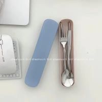 ins可爱卡通小熊不锈钢餐具便携套装勺筷子一套学生宿舍旅行外带 蓝色叉勺筷子