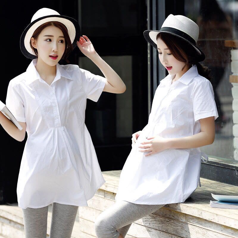 迪鲁奥(DILUAO)孕妇夏装上衣纯棉孕妇衬衫短袖中长款孕妇衬衣宽松白色职业装潮妈图片