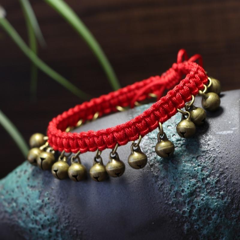手链饰品古铜铃铛响蜡绳手工编织复古文艺森系配饰女士手脚链深棕色