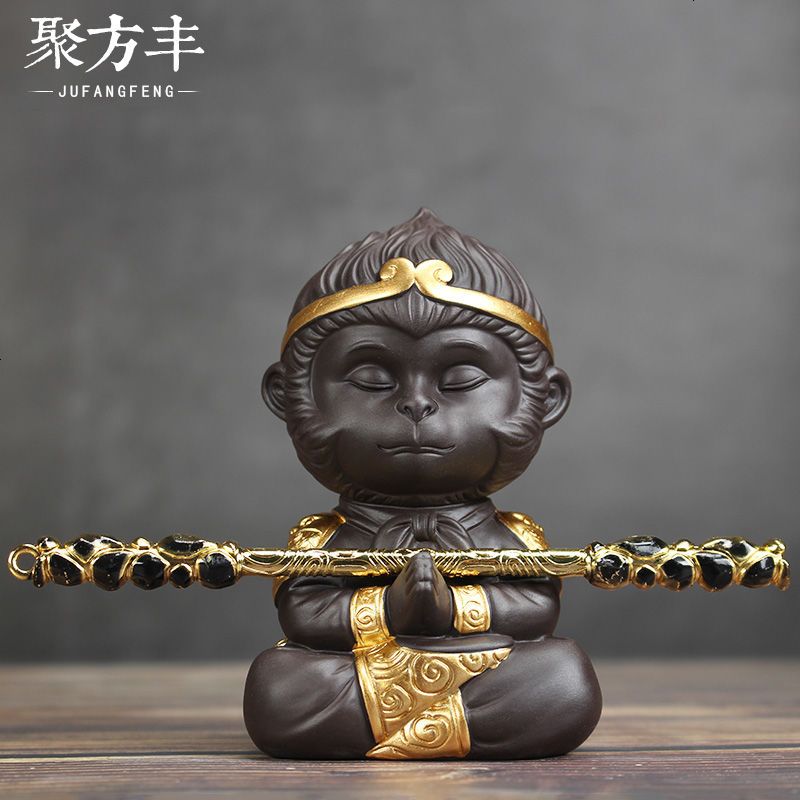 紫砂齐天大圣悟空猴子家居办公摆件陶瓷茶宠摆件车载装饰