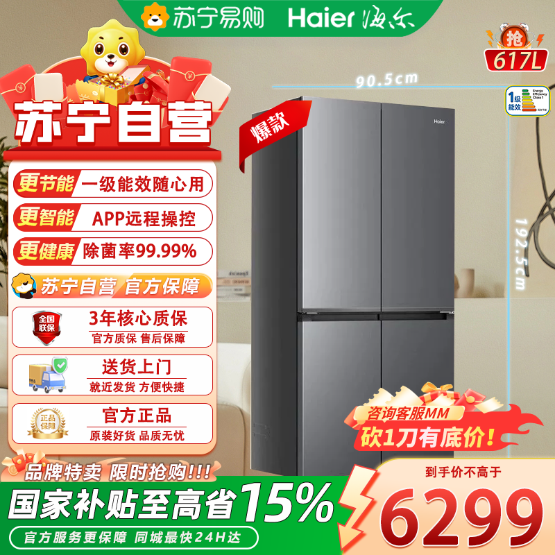 海尔BCD-617WGHTDB9VBU1(灰) 山茶花 617L大容量十字门电冰箱 一级能效