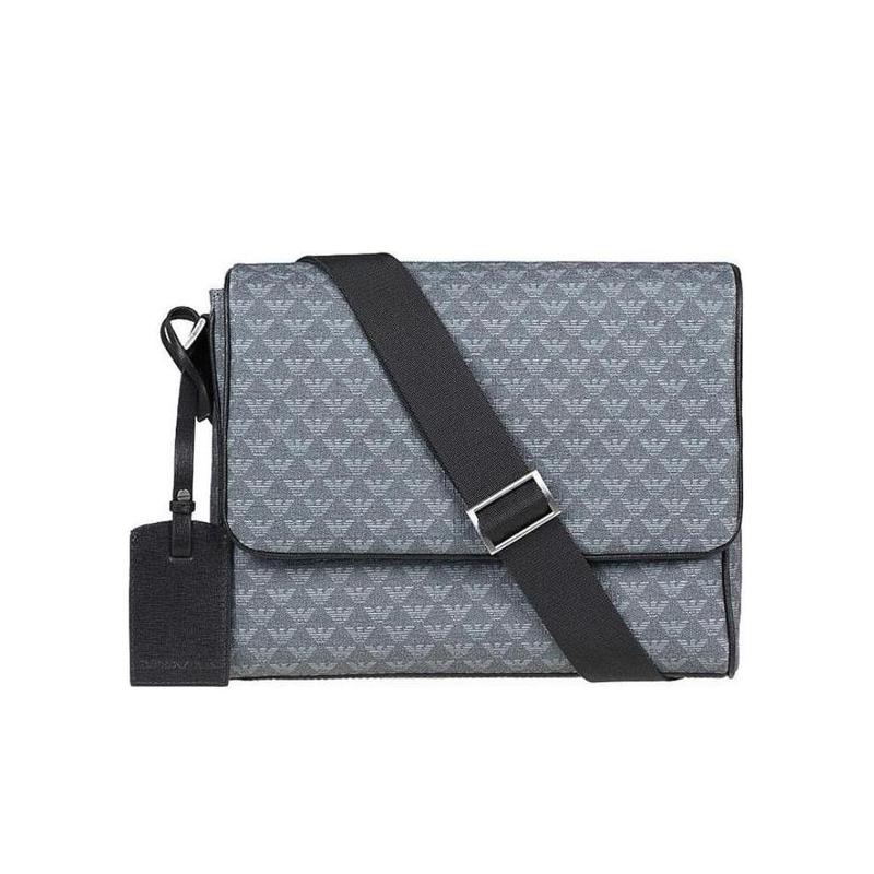 Emporio Armani蓝灰拼接徽标斜挎包可调肩带拉链贴袋通勤手提潮男包