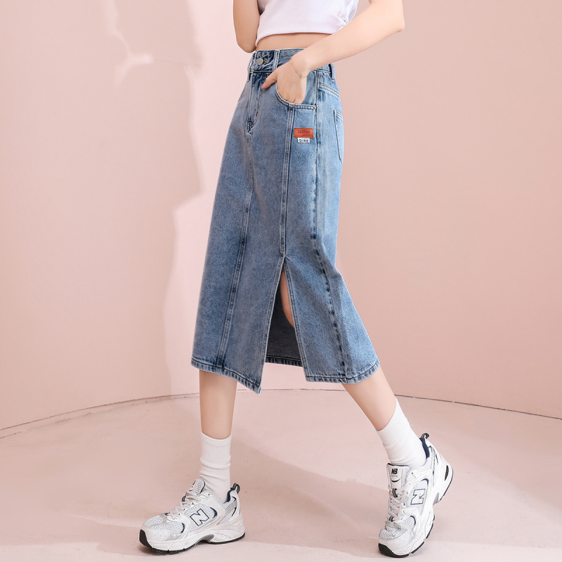 【2.5折价90元】唐狮春秋新款牛仔半身裙女高腰显瘦中长款开叉百搭包臀a字裙