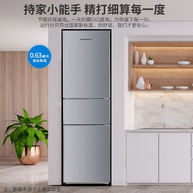 上菱 216升三门冰箱 风冷无霜 节能低噪 高效保鲜 三门三温区 大容量多门小型家用电冰箱 BMY216WL(皓月银)图片