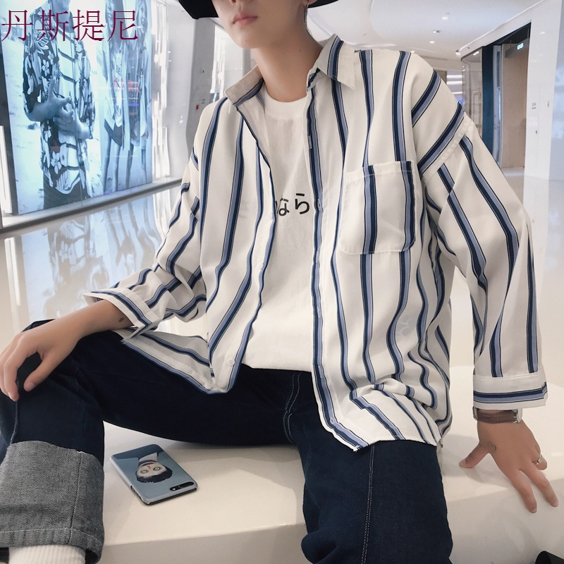 衬衫男2018新款原宿长袖男装港风修身型潮流男士条纹休闲宽松上衣