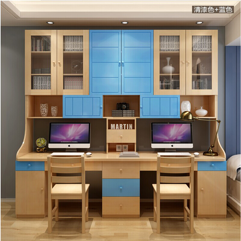 实木双人电脑桌台式家用学习桌书桌写字桌写字台书架书柜组合安心抵