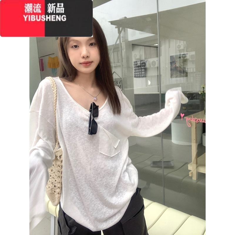 YIBUSHENG慵懒简约白色长袖T恤女季薄款设计感小众宽松显瘦防晒罩衫上衣高清大图