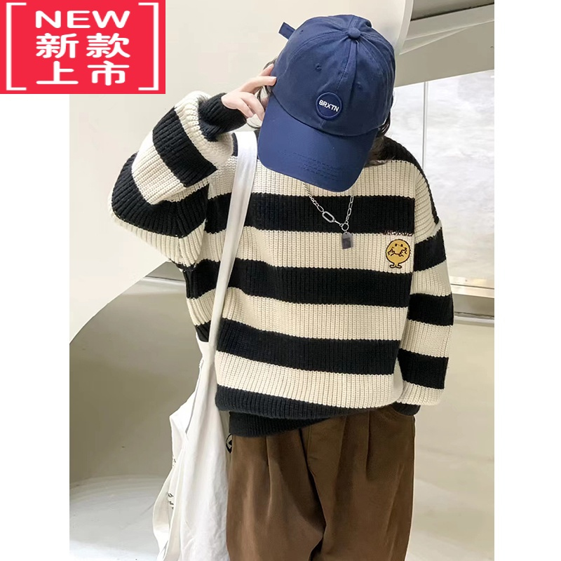 可莉允大E小e童装2022冬季新笑脸男童女童条纹套头毛衣儿童针织衫