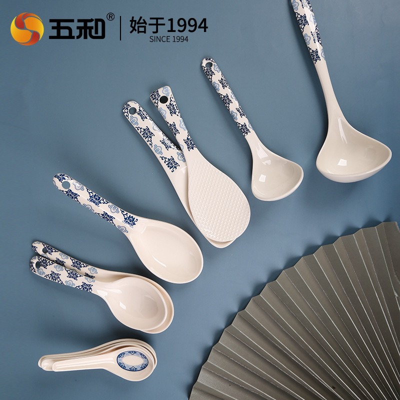 五和青花中国风勺子匙羹密胺餐具汤匙汤勺大匙羹903高清大图