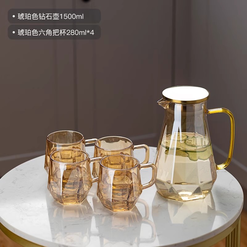 苏宁冷水壶家用耐高温凉水壶大容量轻奢茶壶冷水杯高颜值水具2112 琥珀色钻石壶1500ml+琥珀色六角把杯280ml*4 1500ml