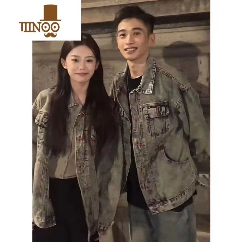 YANXU2022欧美水洗做旧牛仔外套复古帅气工装翻领夹克宽松潮牌上衣男女图片