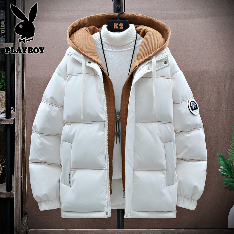 花花公子新款青少年学院风男式宽松连帽棉衣面包服假两件加厚棉服高清大图