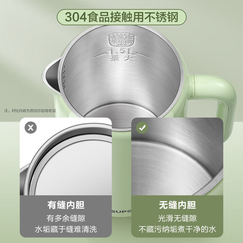 苏泊尔(SUPOR)电水壶1.5L大容量自动断电防烫防干烧不锈钢内胆分离式上盖无缝内胆烧水壶SW-15T109A(绿)