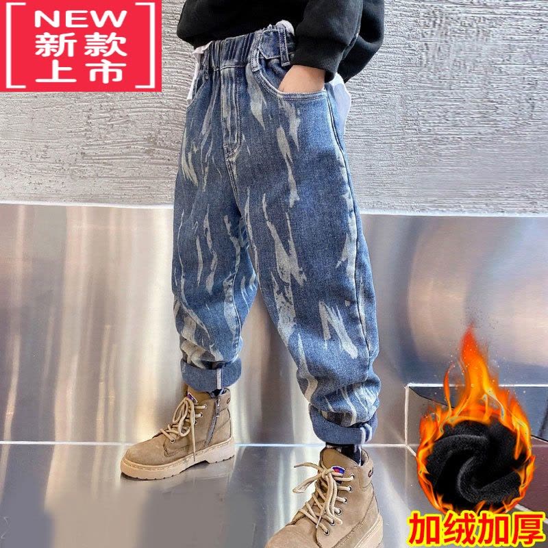 可莉允儿童装男童加绒裤子秋冬款2022新款保暖棉冬装加厚中大童牛仔裤潮保暖裤图片
