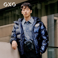 GXG男装2020年冬季深蓝色短款连帽羽绒服男亮面白鸭绒外套潮