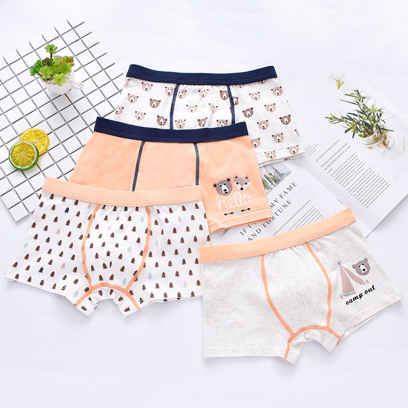 儿童内裤男纯棉4条装男童平脚裤小男孩四角学生宝宝卡通内裤