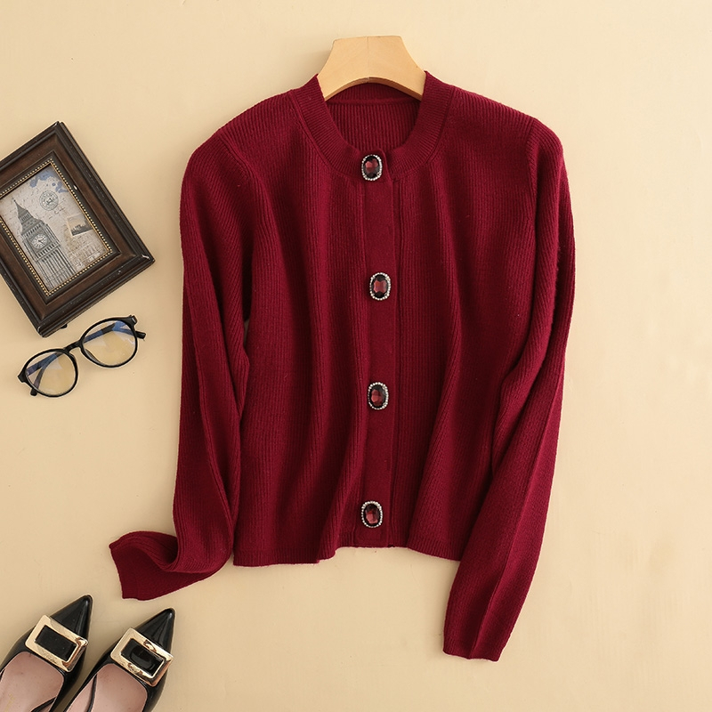 针织衫开衫女秋季女装圆领宽松钻扣长袖短款外搭披肩毛衣外套