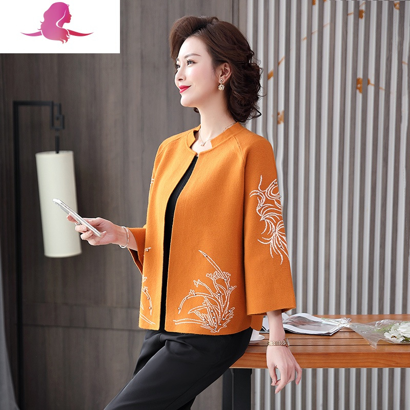 艳如飞妈妈春装薄款开衫中年女装针织上衣服中老年洋气高贵短款外套50