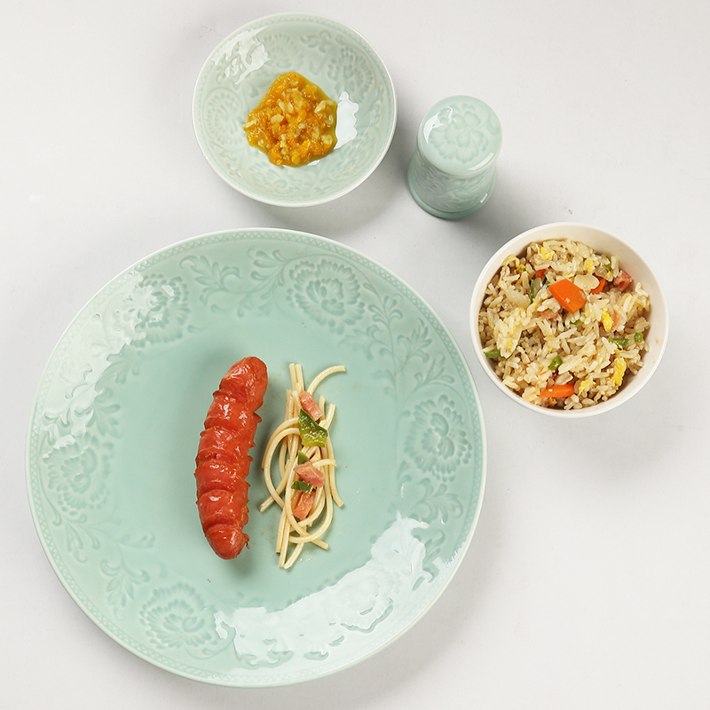 苏氏陶瓷 SUSHI CERAMICS 青瓷釉陶瓷盘花开富贵汤盘子4件套装餐具