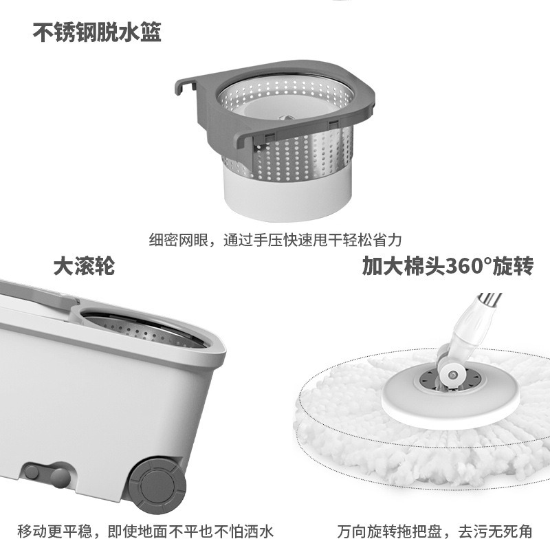 丽佳邦 加大滚轮双驱动甩干拖布家用一拖净免手洗替换头懒人旋转拖把 灰白-旋转拖把套装[含6布]高清大图