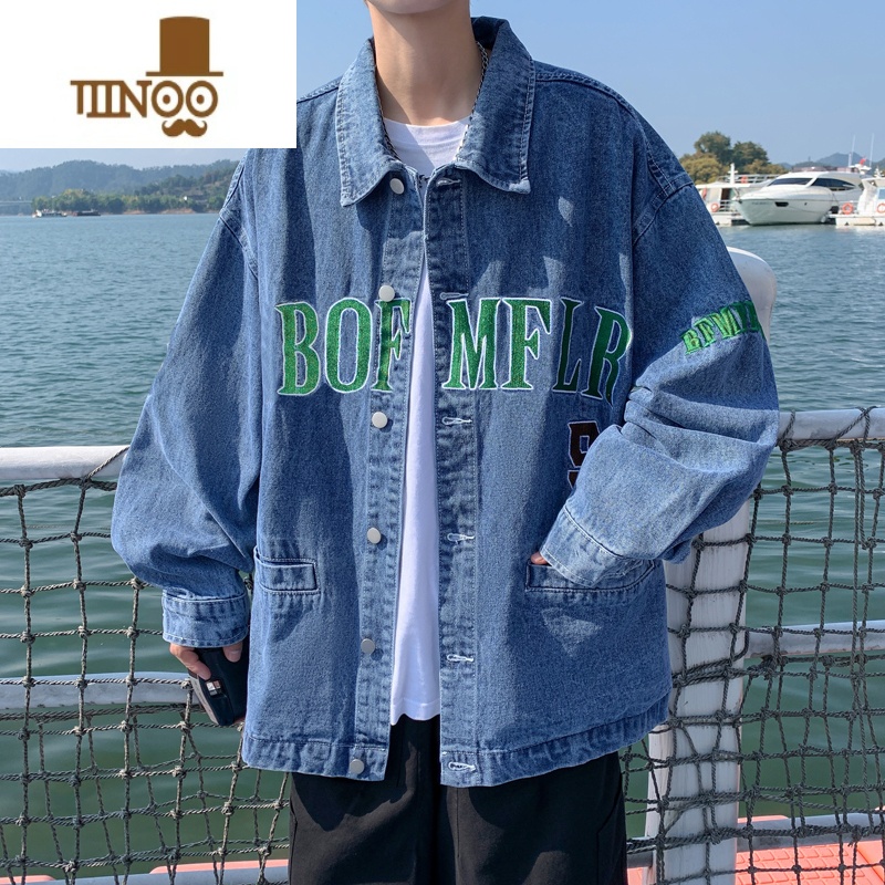 YANXU新款男生牛仔外套日系潮牌ins潮流痞帅宽松百搭翻领刺绣夹克高清大图