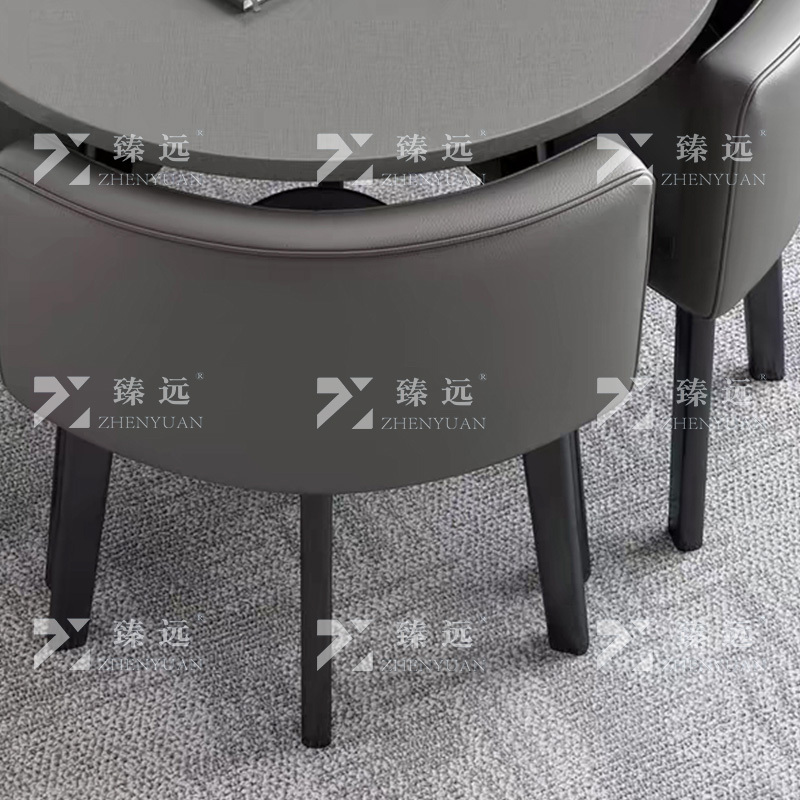 臻远 ZY4100926 简约接待桌椅洽谈桌椅 一桌四椅 灰色圆桌灰色皮椅
