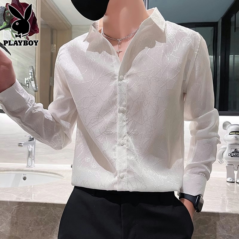 花花公子长袖衬衫男士提花上衣服2025年春季轻熟风商务痞帅衬衣5高清大图