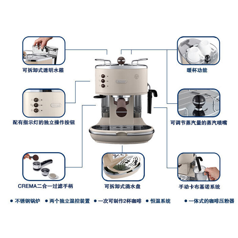 德龙(Delonghi)咖啡机 复古系列半自动咖啡机 家用意式浓缩 泵压式不锈钢锅炉 ECO310.VGR 奶油白