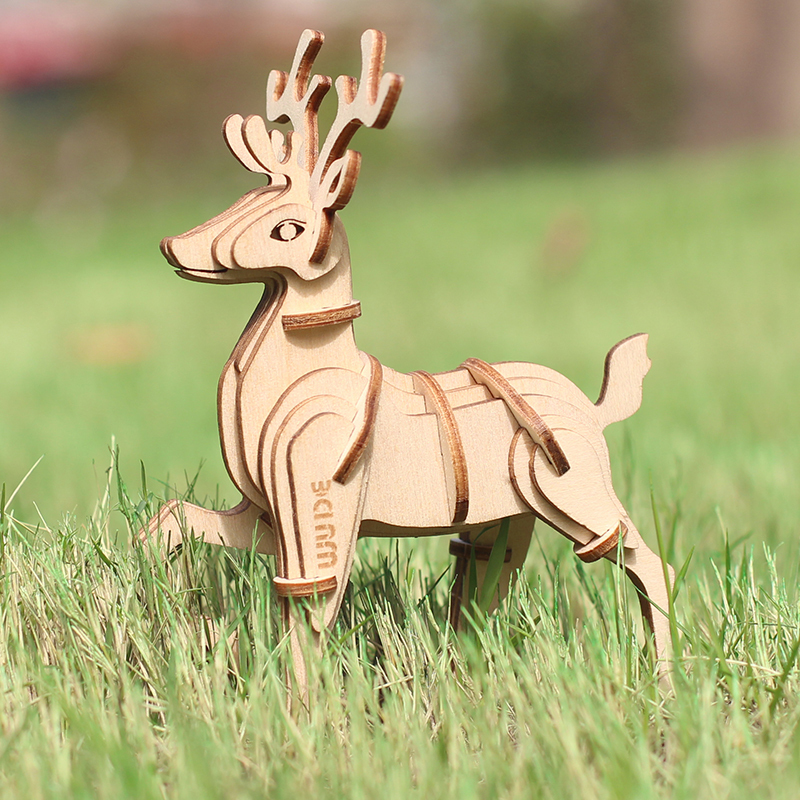 wude梅花鹿动物木制立体3d拼图木质diy积木玩具儿童手工拼装模型组装