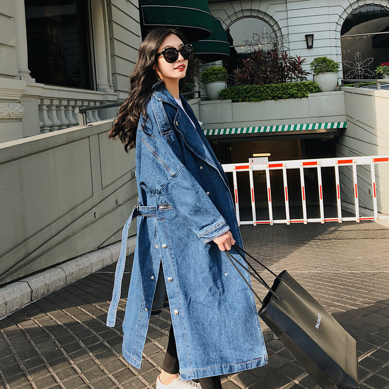 风衣女中长款2018春装新款韩版宽松过膝开叉复古chic牛仔外套图片色