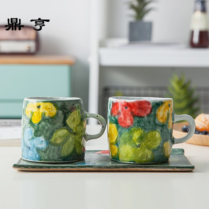鼎亨设计师原创纯手捏陶瓷杯手工马克杯咖啡杯带碟复古手绘花杯碟