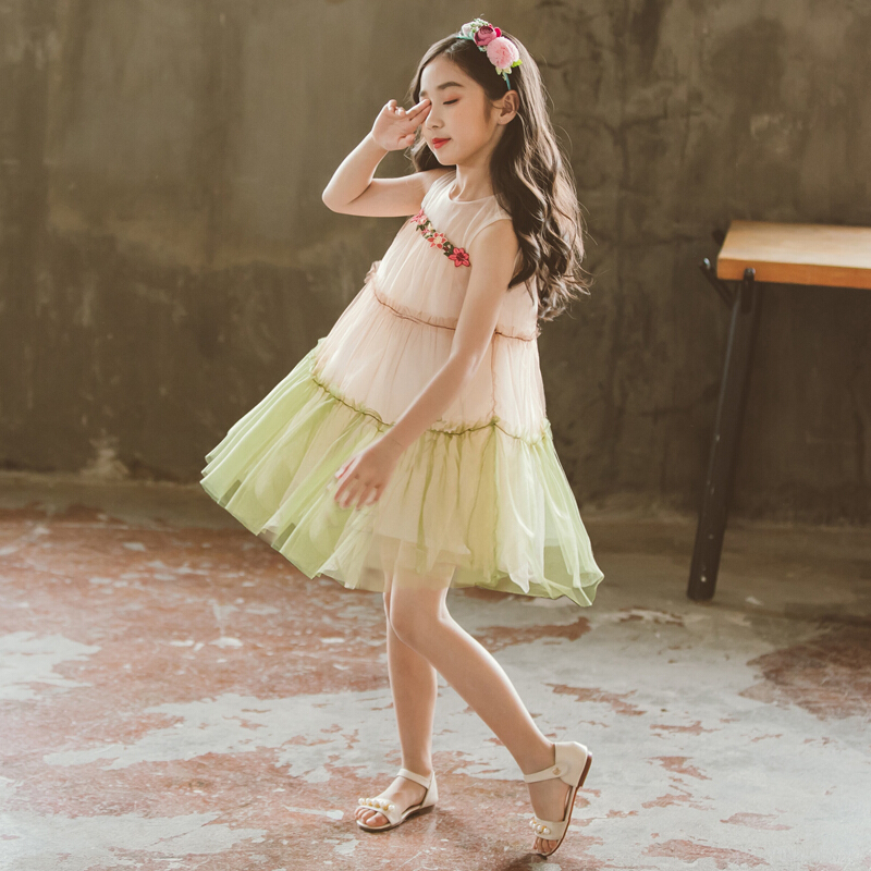 女童连衣裙夏装2018新款洋气公主裙小女孩纱裙礼服儿童装夏季裙子藏青