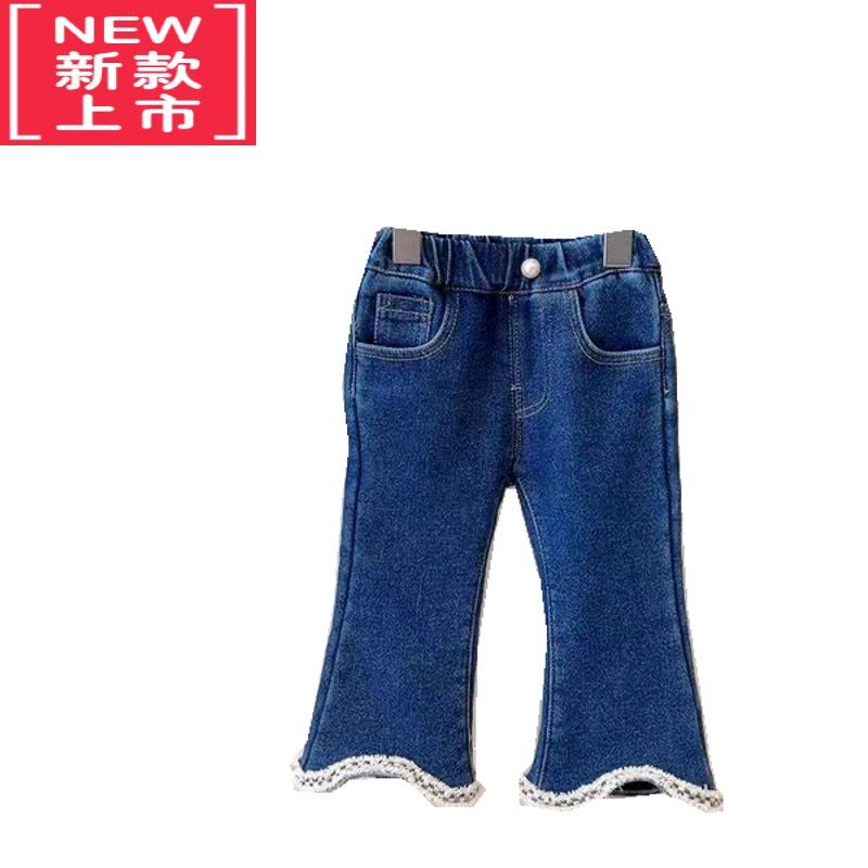 可莉允甜心爸爸女童冬装洋气加绒牛仔裤儿童韩版花边一体绒保暖喇叭裤潮保暖裤图片