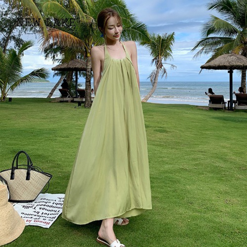 lake法式绿色挂脖吊带连衣裙女夏高级性感露背辣妹宽松海边度假长裙子