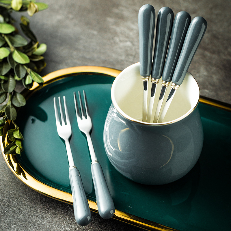 创意餐具叉黑白色水果叉陶瓷不锈钢点心叉甜品小叉子简约水果签套装