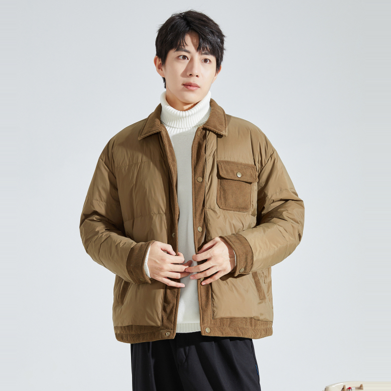 [2.5折价316元]唐狮冬季新款男羽绒服复古灯芯绒拼接翻领商务休闲厚外套保暖