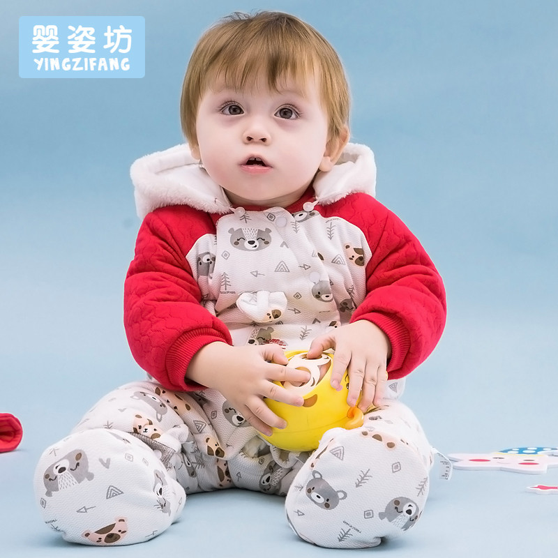 婴姿坊婴儿连体衣冬装棉服男女宝宝外出抱衣服秋冬季保暖棉衣哈衣带脚套