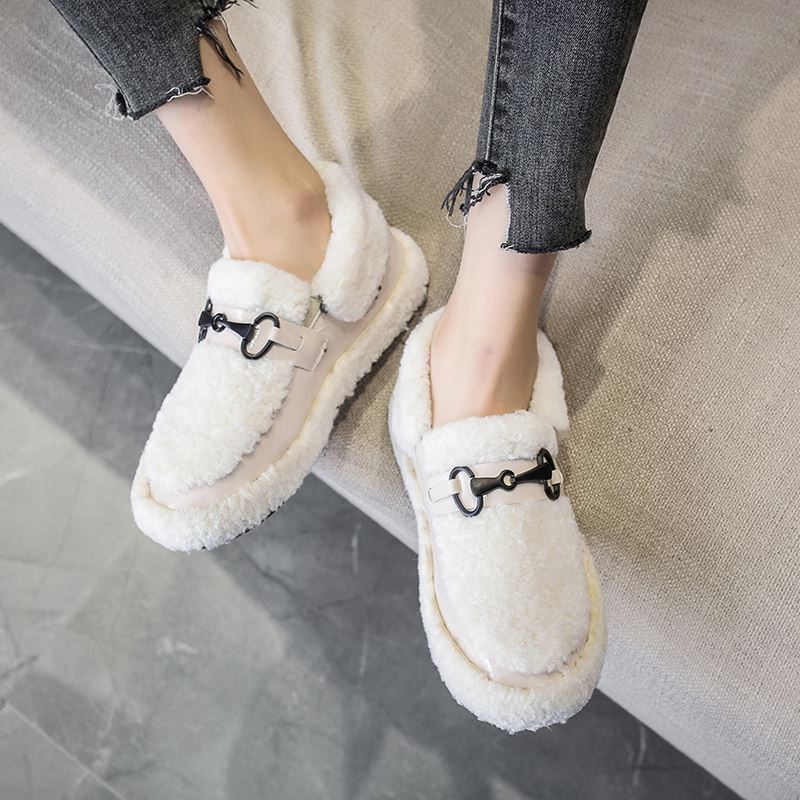 玮琪红毛毛鞋女白色羔毛鞋冬季加绒加厚保暖外穿平底棉瓢鞋启如休闲鞋