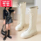 可莉允女童靴子2022春秋款白色高筒长靴走秀表演单靴中大儿童马丁靴皮靴