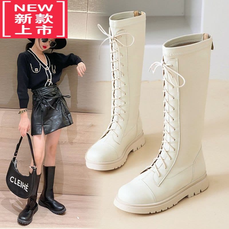 可莉允女童靴子2022春秋款白色高筒长靴走秀表演单靴中大儿童马丁靴皮靴图片