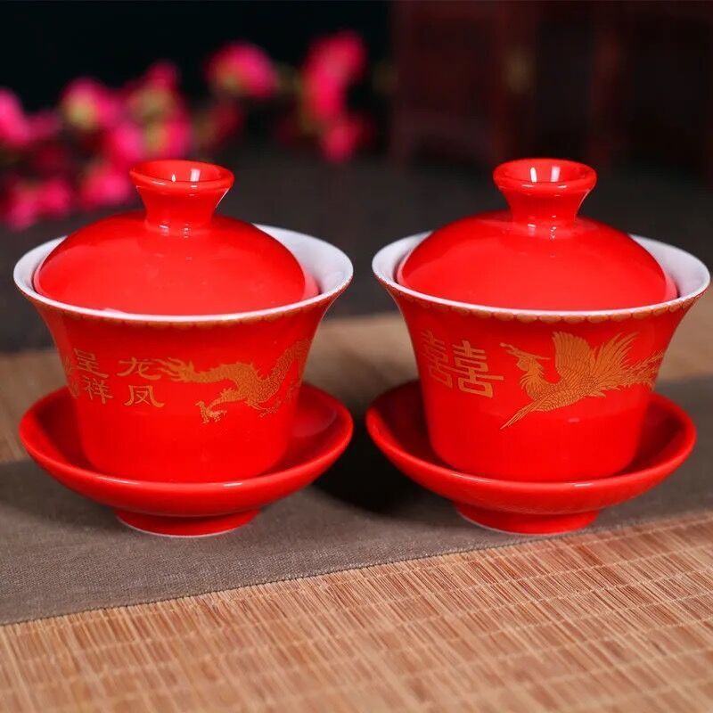 婚礼敬茶碗陶瓷喜碗喜杯喜筷套装礼盒敬茶杯敬茶盘新娘陪嫁用品[9月15日发完] 敬茶杯一对