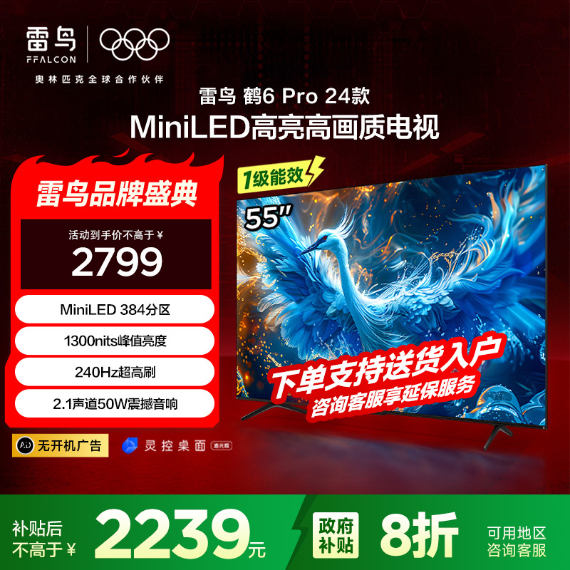 雷鸟 鹤6 Pro 24款 一级能效MiniLED55英寸家电国家补贴4+64GB智能电视55S585C Pro-JN