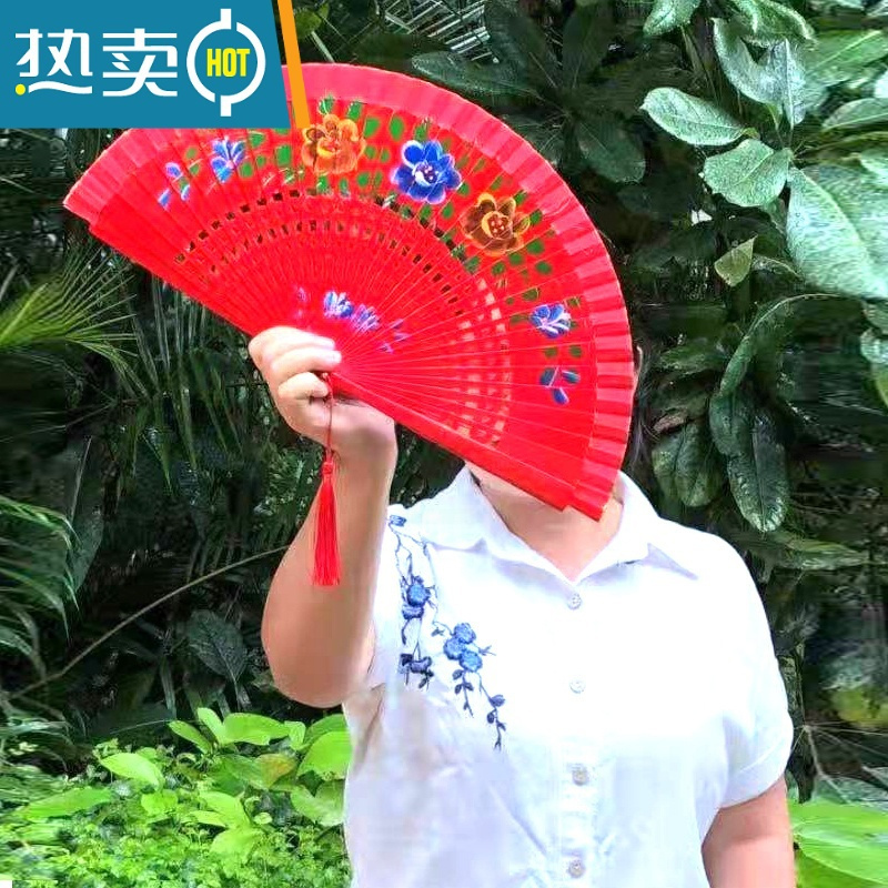 xiancai舞蹈扇古风红色实木扇骨开合顺溜扇扇子