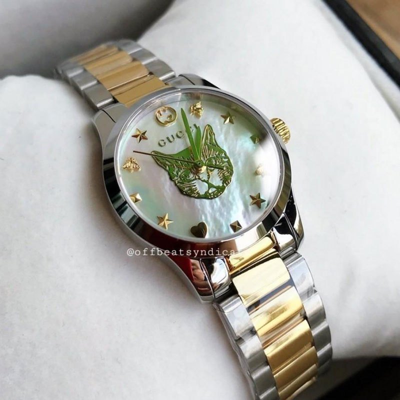 古驰gucci奢侈品女表gtimeless金猫头间金盘双色钢带石英表女表ya
