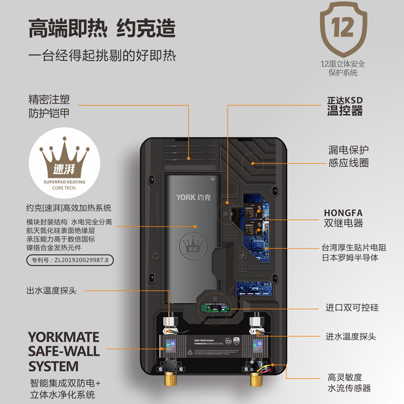 约克(YORK)即热式电热水器YK-G3S镜面黑恒温变频速热家用小型大水量免储水热水器8.8KW高清大图