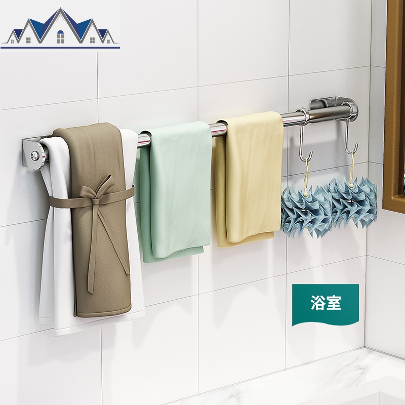免打孔挂杆架304不锈钢厨房墙壁置物架挂钩收纳架抹布锅铲勺挂架 三维工匠高清大图