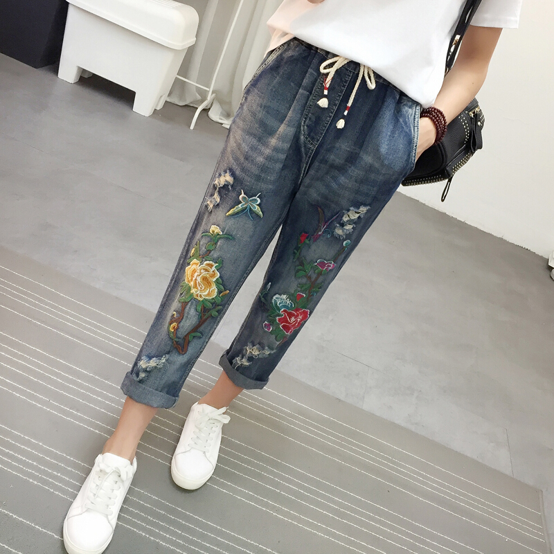 牛仔七分裤女夏复古民族风刺绣大码裤子高腰宽松薄款破洞绣花夏裤视频